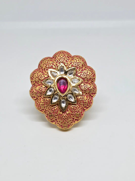Kundan-Inspired Peach Meenakaari Ring