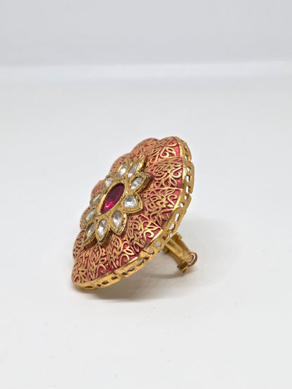 Kundan-Inspired Peach Meenakaari Ring