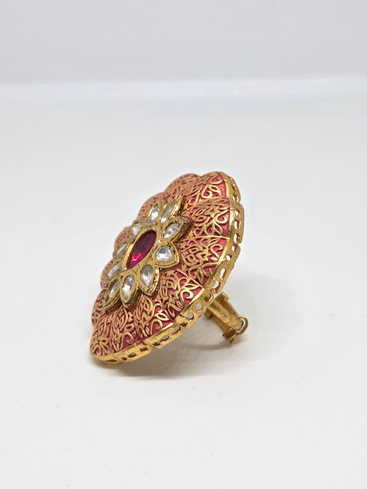 Kundan-Inspired Peach Meenakaari Ring