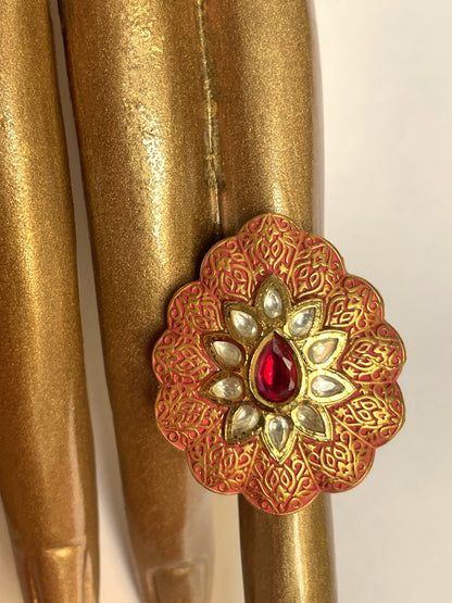 Kundan-Inspired Peach Meenakaari Ring