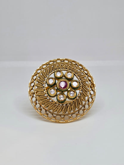 Gold Ring With Kundan Work