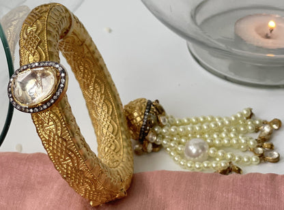 Gold Bangle With Pearl Tassel And Magnet Opening