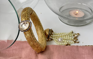 Gold Bangle With Pearl Tassel And Magnet Opening
