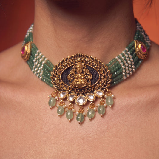 Temple Lakshmi Green Beaded Choker Set