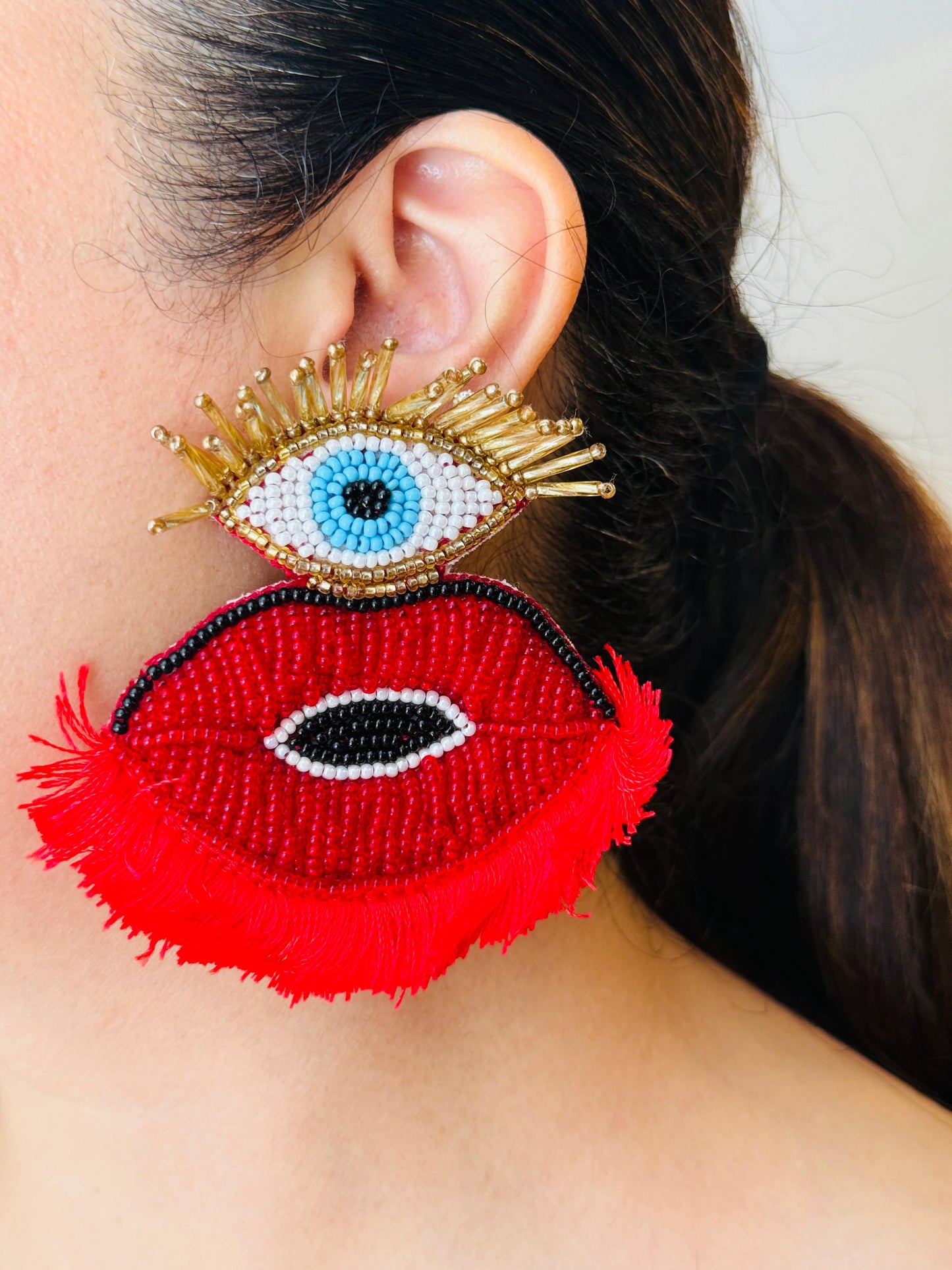 Beaded Evil Eye Tassel Earrings