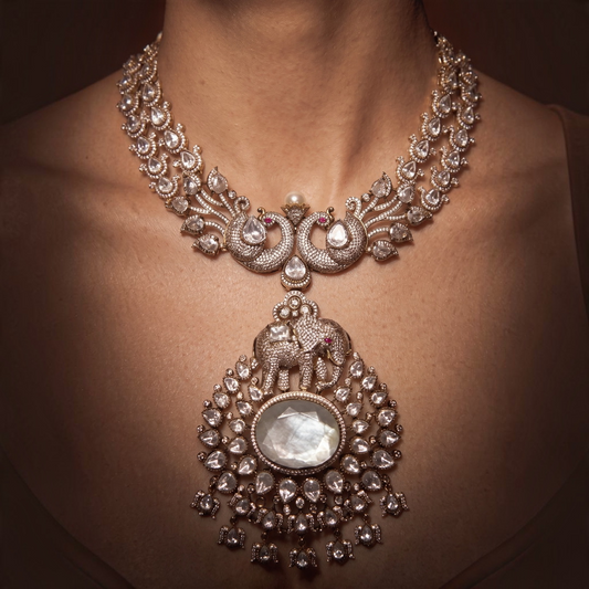 Peacock & Elephant Motif Polki Bridal Necklace Set