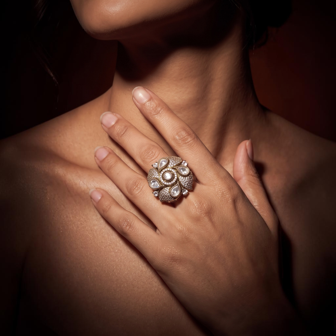 Gold Floral Studded Ring
