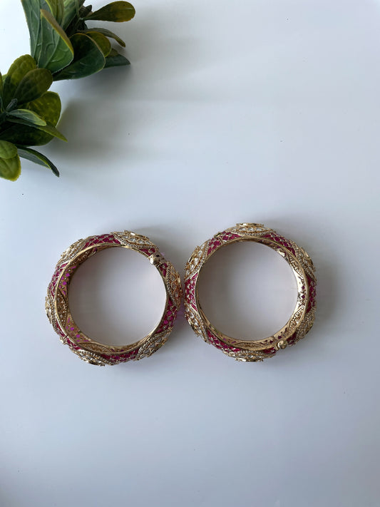 Gold Finish Enamelled Kundan Bangle Set of Two
