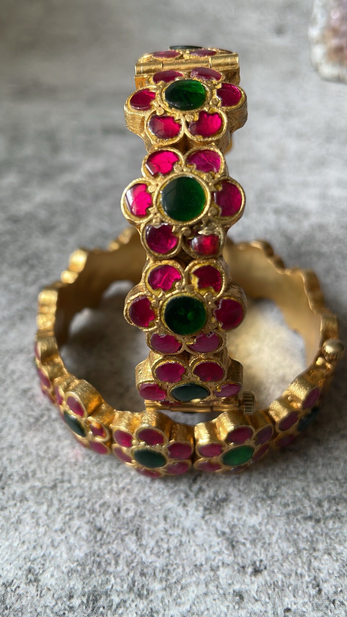 Matte Gold Finish Red and Green Stone Studded Bangle Set