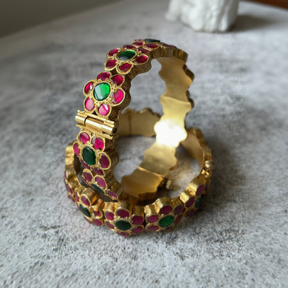 Matte Gold Finish Red and Green Stone Studded Bangle Set