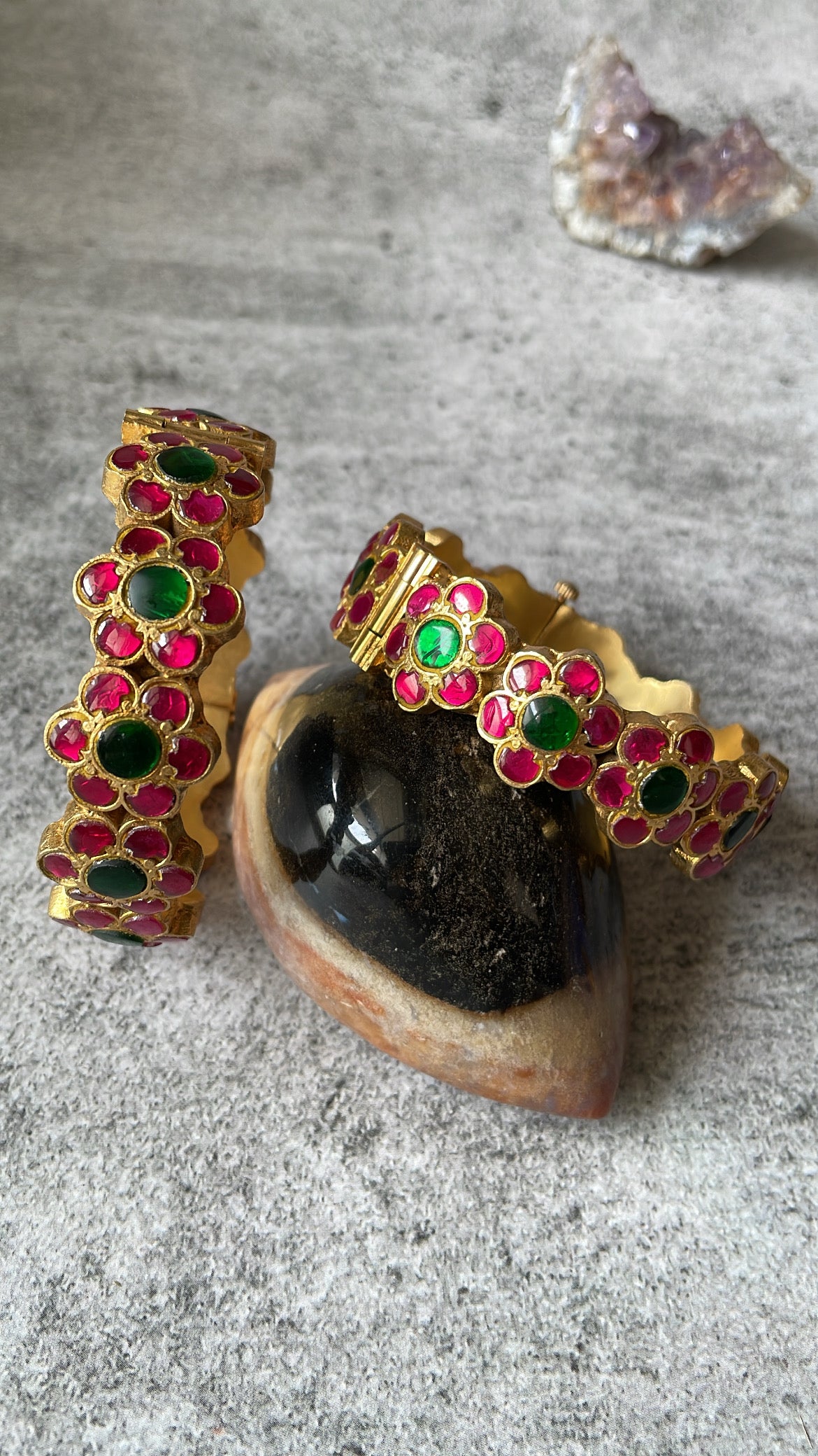 Matte Gold Finish Red and Green Stone Studded Bangle Set