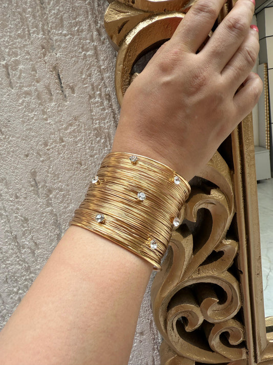 Gold Wire Cuff Bangle with Faux Diamond Studs