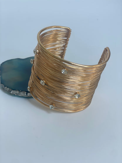 Gold Wire Cuff Bangle with Faux Diamond Studs