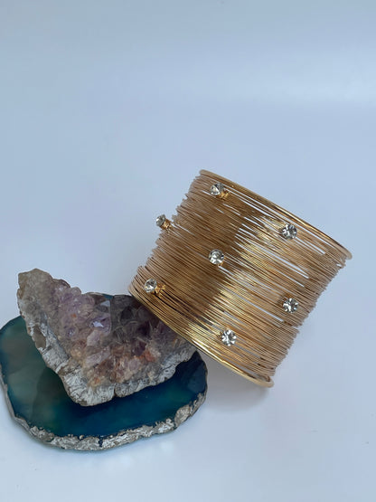 Gold Wire Cuff Bangle with Faux Diamond Studs