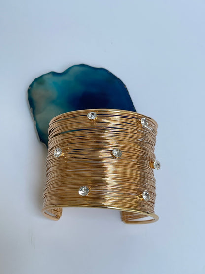 Gold Wire Cuff Bangle with Faux Diamond Studs