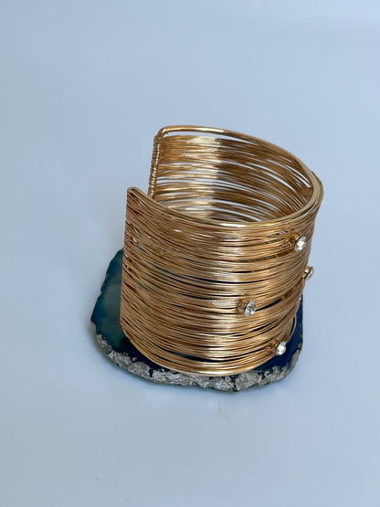 Gold Wire Cuff Bangle with Faux Diamond Studs