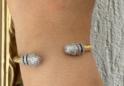 Two Tone Spiral Zircon Studded Cuff Bangle