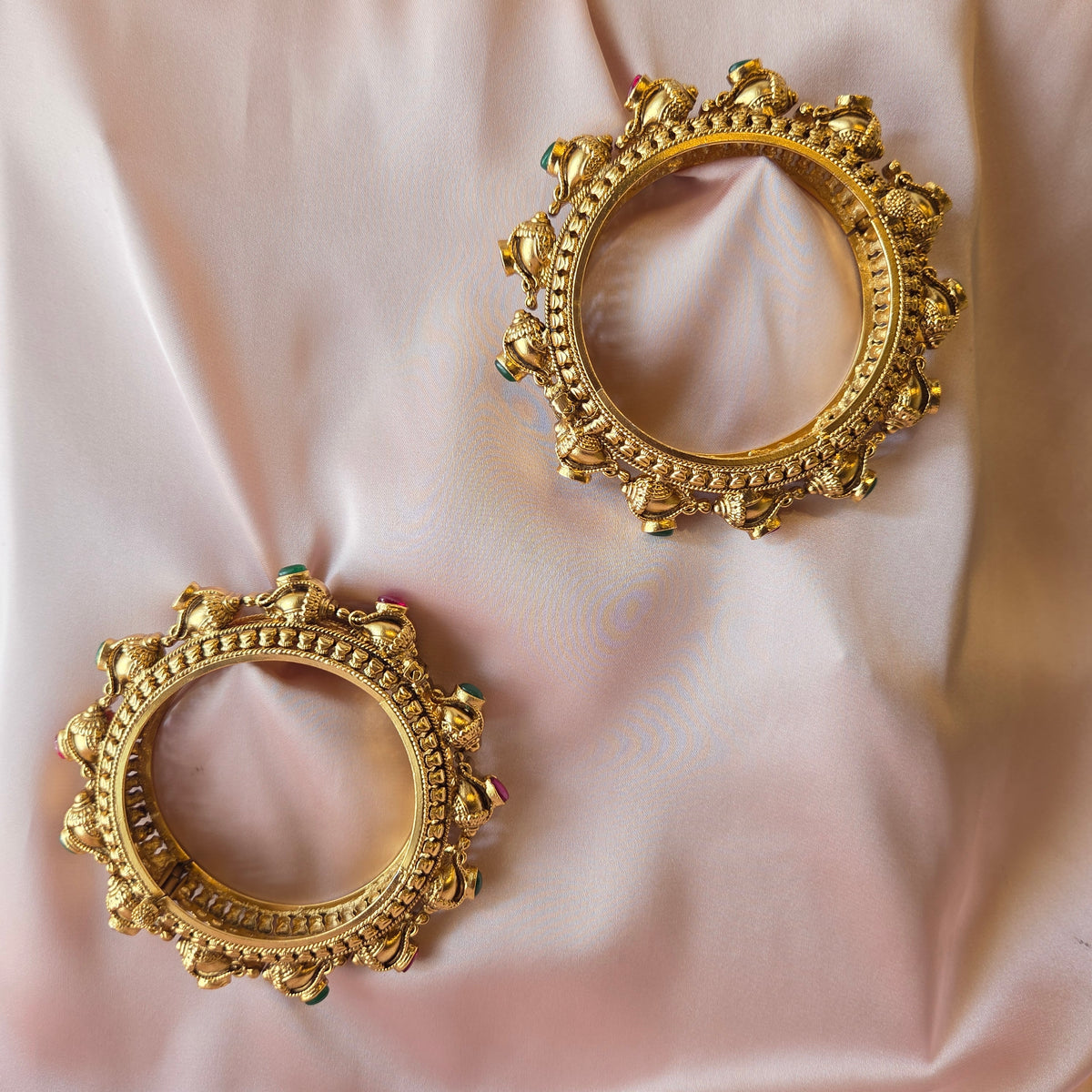 Gold Finish Ruby & Emerald Carved Bangle Set