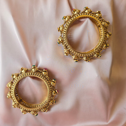 Gold Finish Ruby & Emerald Carved Bangle Set