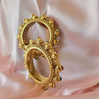 Gold Finish Ruby & Emerald Carved Bangle Set