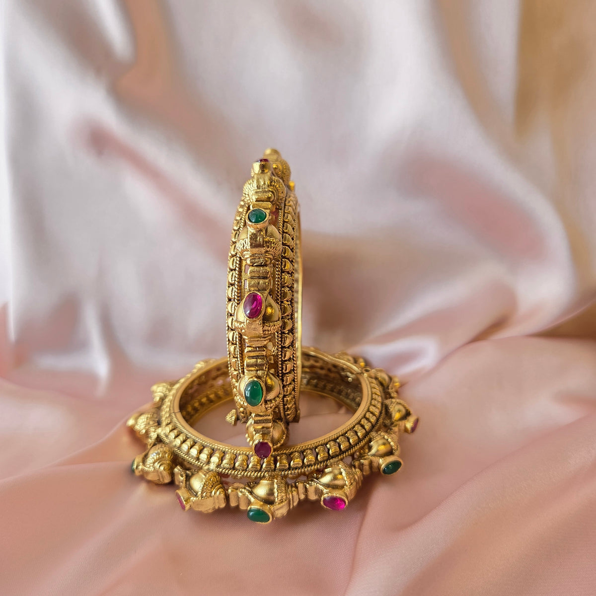 Gold Finish Ruby & Emerald Carved Bangle Set
