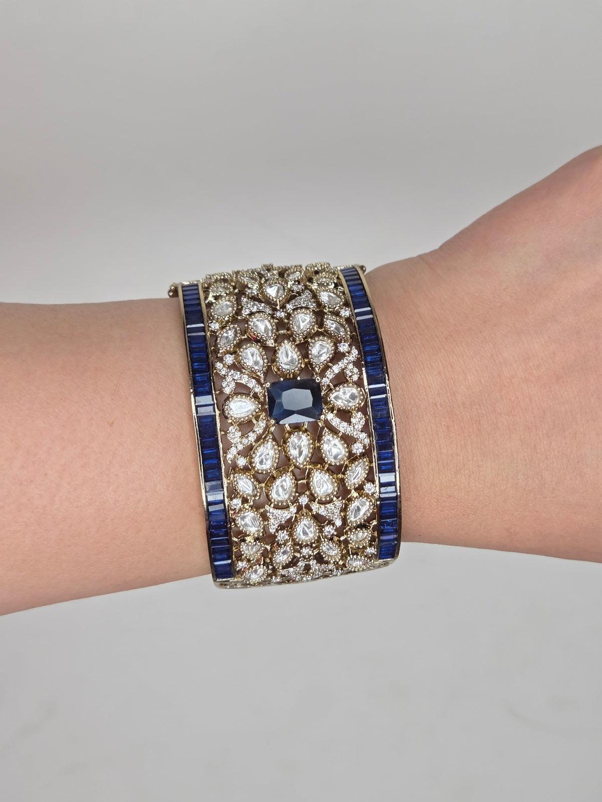 Royal Sapphire and Kundan Floral Statement Cuff Bracelet