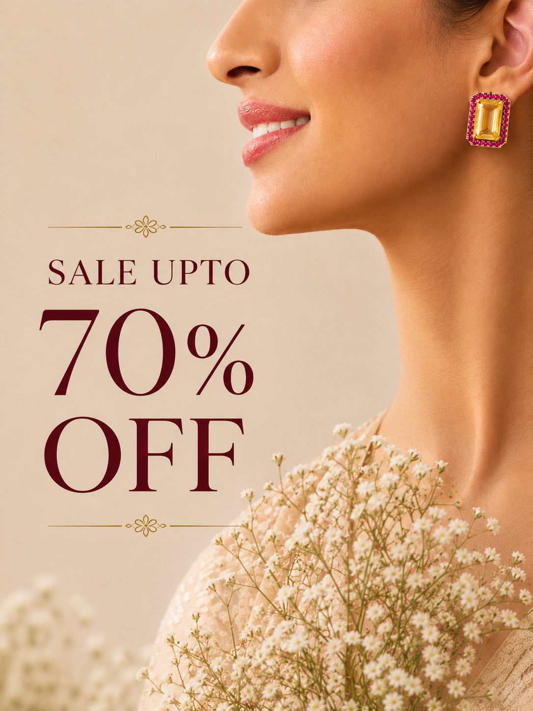 A promotional sale graphic showing a close-up side profile of a woman wearing a gold and pink rectangular earring, with large text reading 'SALE UPTO 70% OFF' over a warm beige background and white baby's breath flowers.
