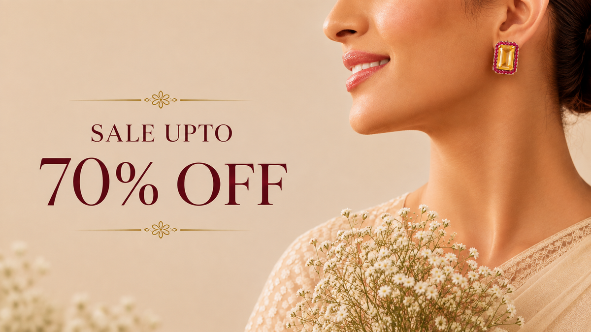 A promotional banner featuring a woman in profile wearing a gold and red geometric earring, holding a bouquet of baby's breath flowers against a warm beige background with text that reads 'SALE UPTO 70% OFF'.