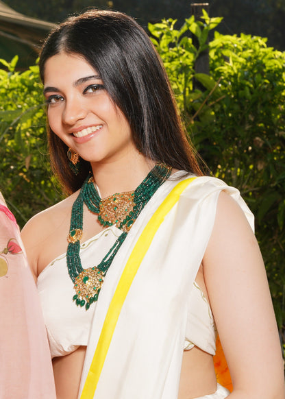 Hyderabadi Kundan Long Necklace Set with Green Beads