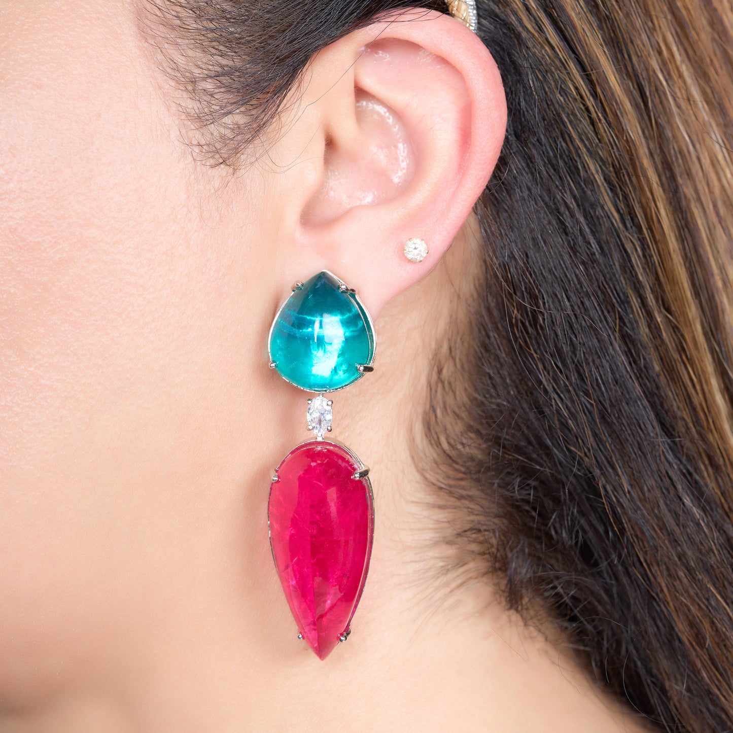 Contrast Blue and Pink Drop Earrings