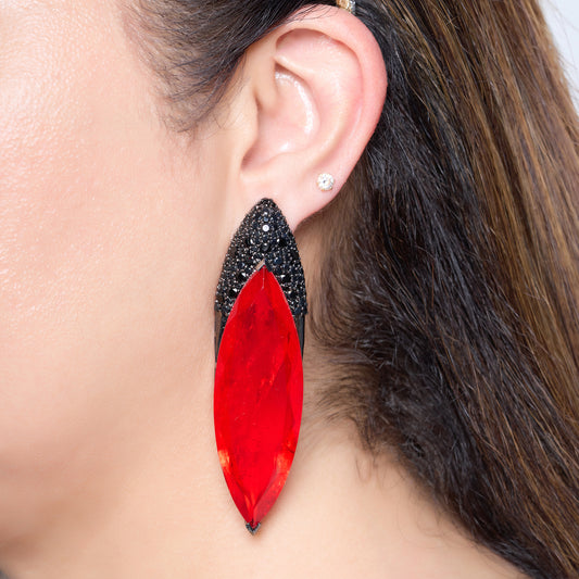 Deep Red Crystal Earrings with Black Zircon Crown