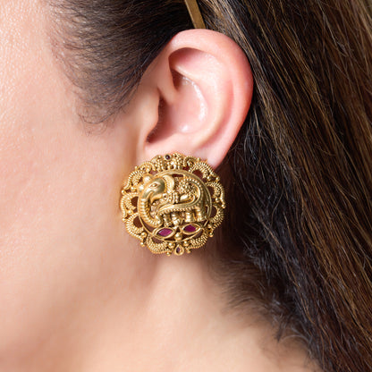 Gold Plated Elephant Temple Stud Earrings