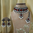 Black Finish Chunky Red Stone with Kundan and Pearls Necklace Set