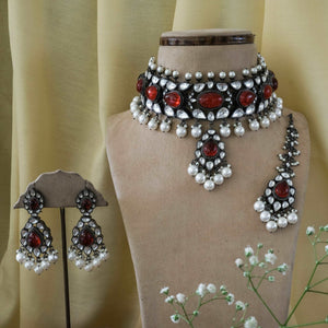 Black Finish Chunky Red Stone with Kundan and Pearls Necklace SetStudio6Jewels