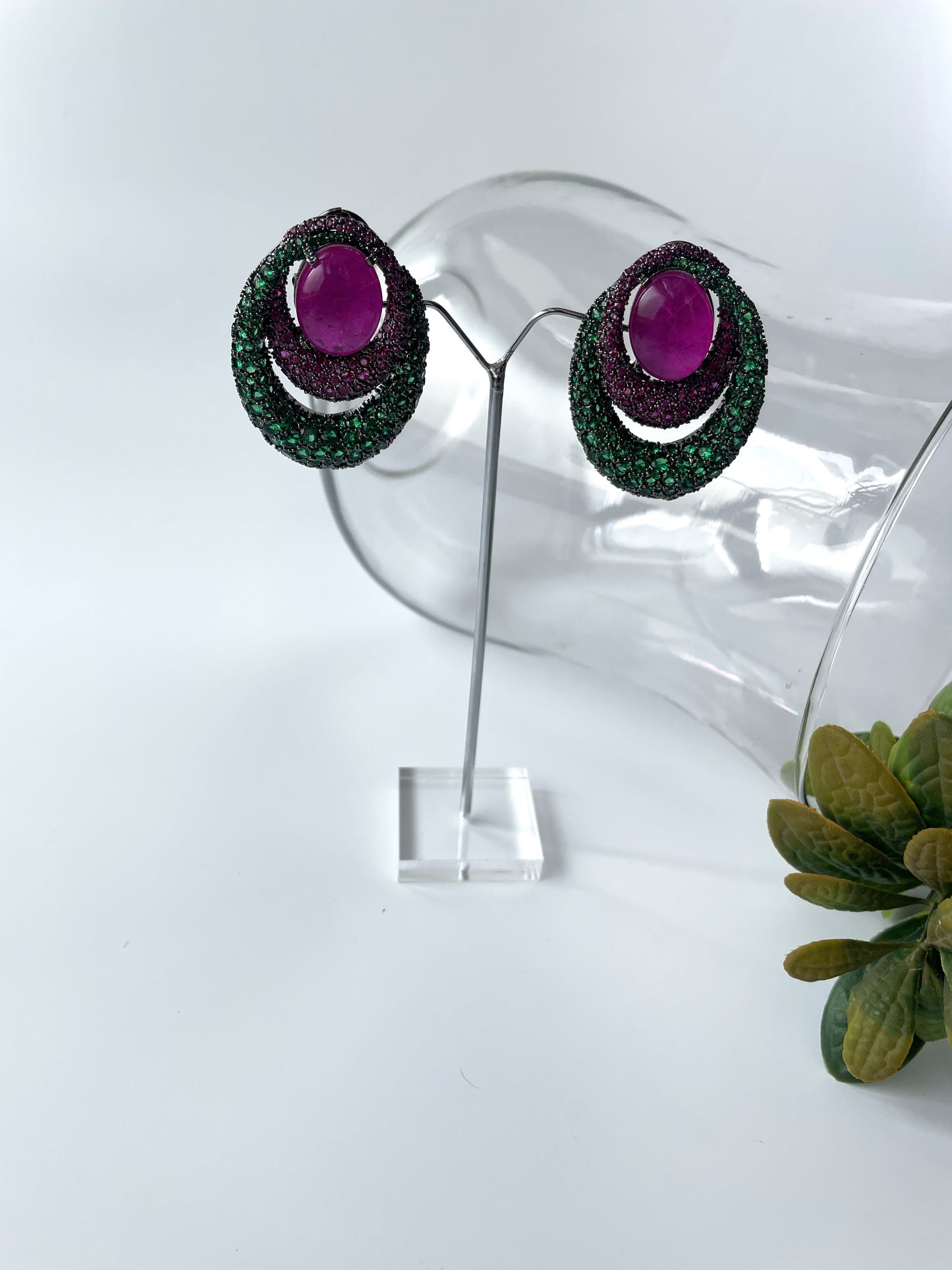 Black Rhodium Finish Green and Pink Doublet  Crystal Earrings