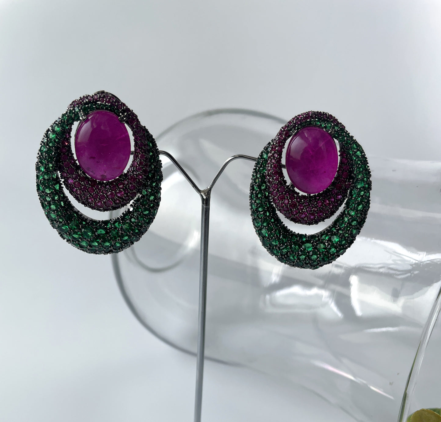 Black Rhodium Finish Green and Pink Crystal Earrings