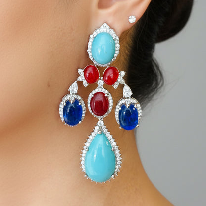 White Finish Vibrant Multi Stone Studded Danglers