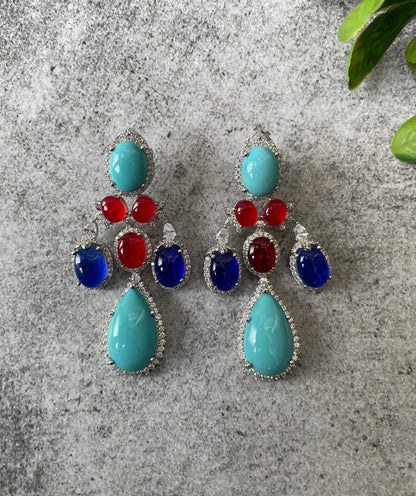White Finish Vibrant Multi Stone Studded Danglers