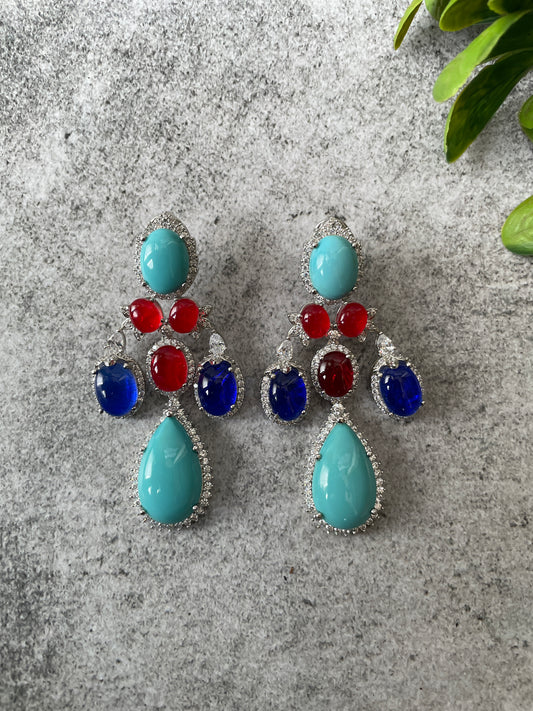 White Finish Vibrant Multi Stone Studded Danglers