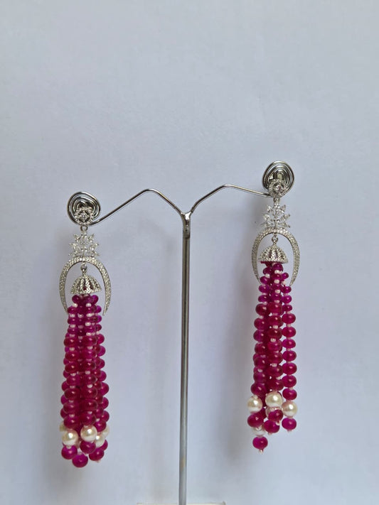 Pink Tassel Earrings with Zircon Motif