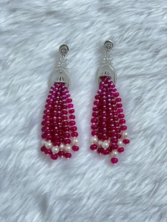 Pink Tassel Earrings with Zircon Motif