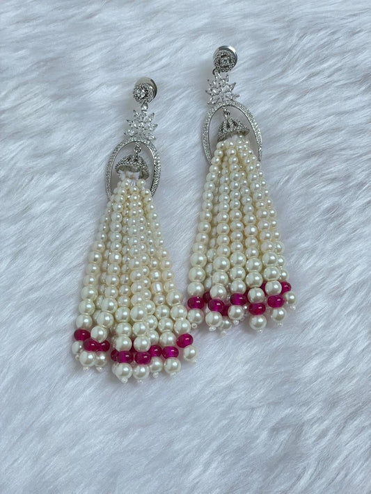 Pearl Tassel Earrings with Zircon Motif