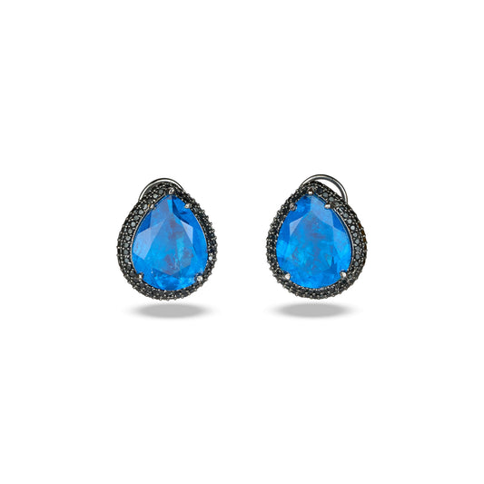 Blue Crystal Earrings with Black Zircon Halo