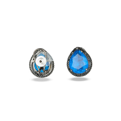 Blue Crystal Earrings with Black Zircon Halo