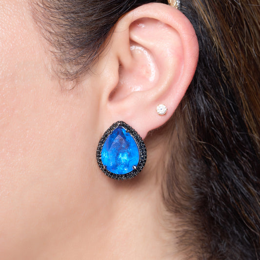 Blue Crystal Earrings with Black Zircon Halo