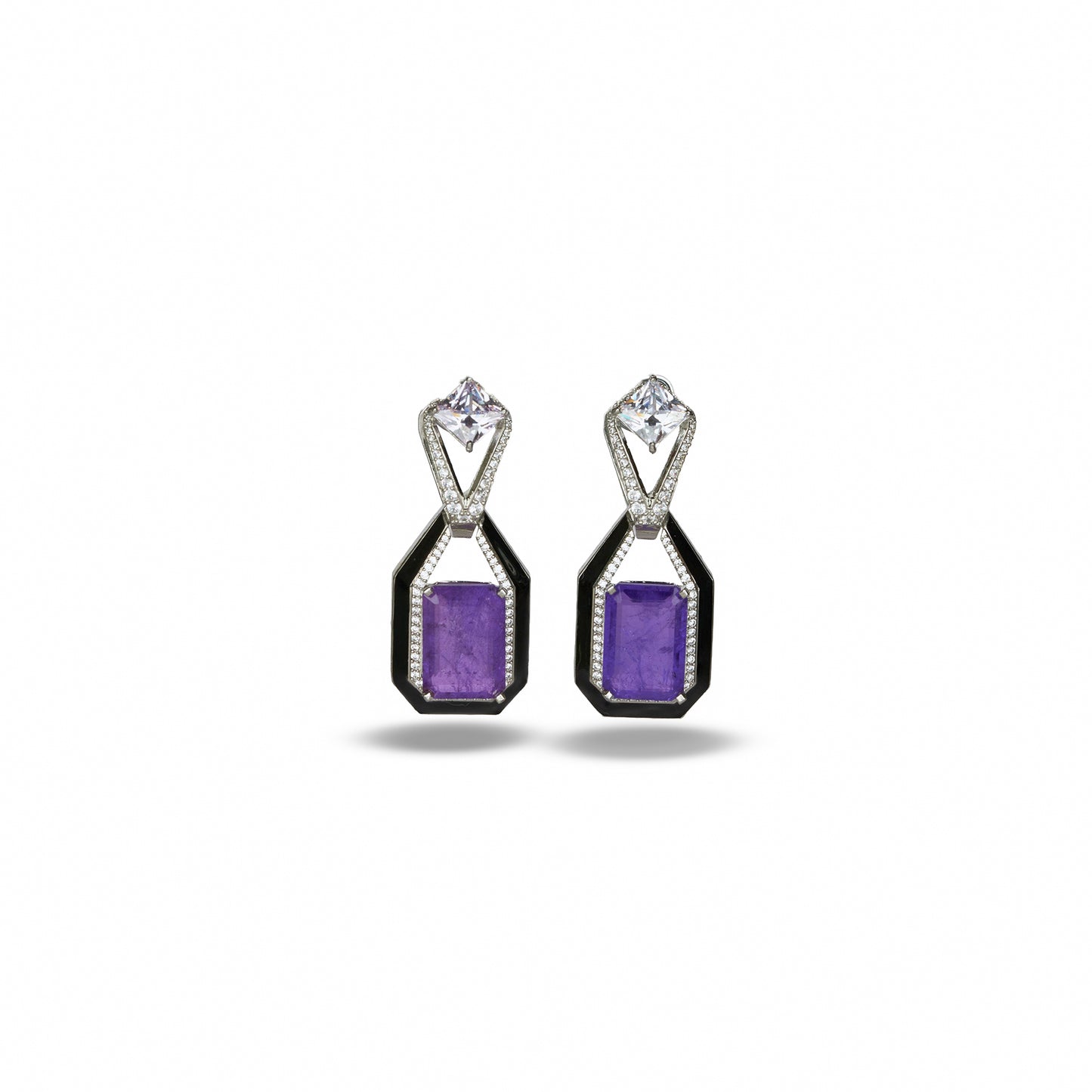 Zircon Studded Purple Stone Earrings with Black Enamel Accent