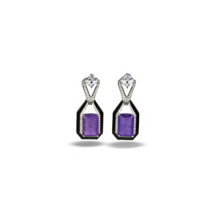 Zircon Studded Purple Stone Earrings with Black Enamel Accent