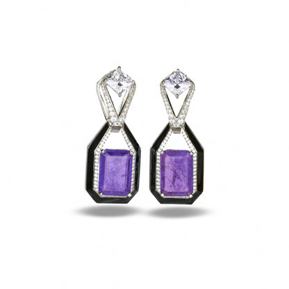 Zircon Studded Purple Stone Earrings with Black Enamel Accent