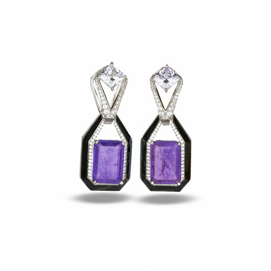 Zircon Studded Purple Stone Earrings with Black Enamel Accent
