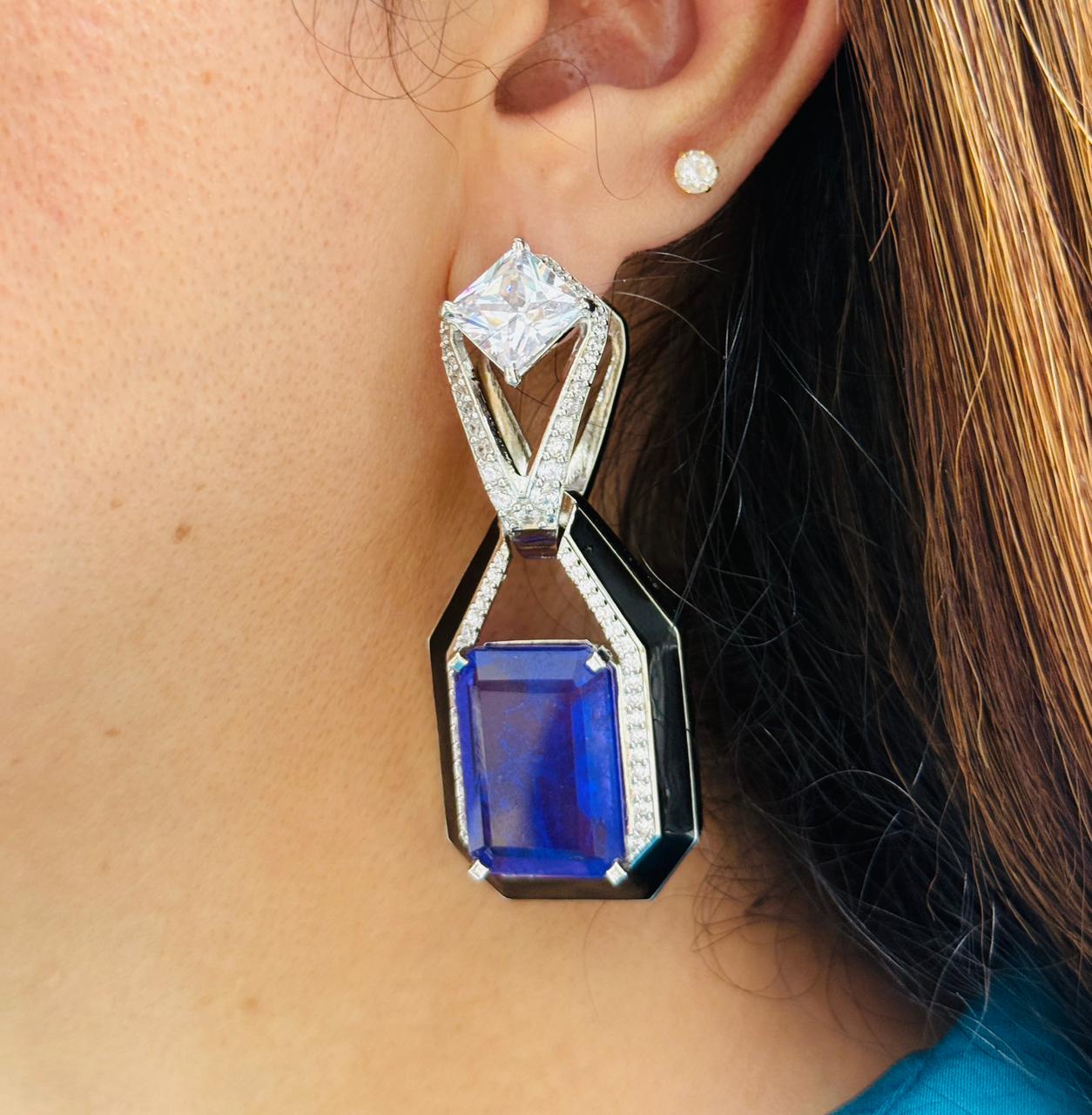 Zircon Studded Purple Stone Earrings with Black Enamel Accent